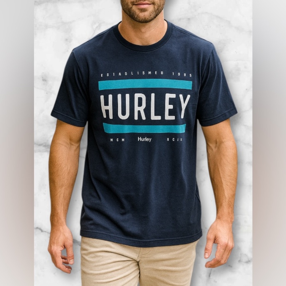 Hurley Unisex Blue Full Chest Logo Graphic Print 100% Cotton Tee Shirt Size L